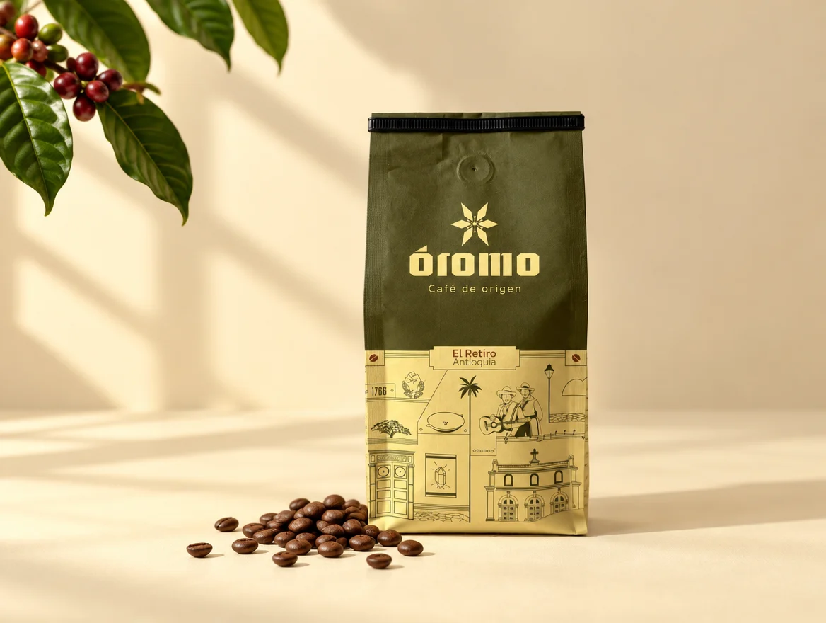 Empaque ÓROMO en una composición de estudio con café y luz natural