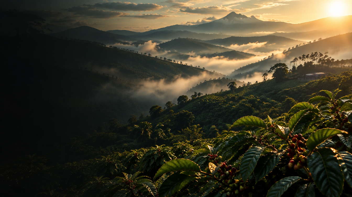 Interpretación de cafetales colombianos al amanecer