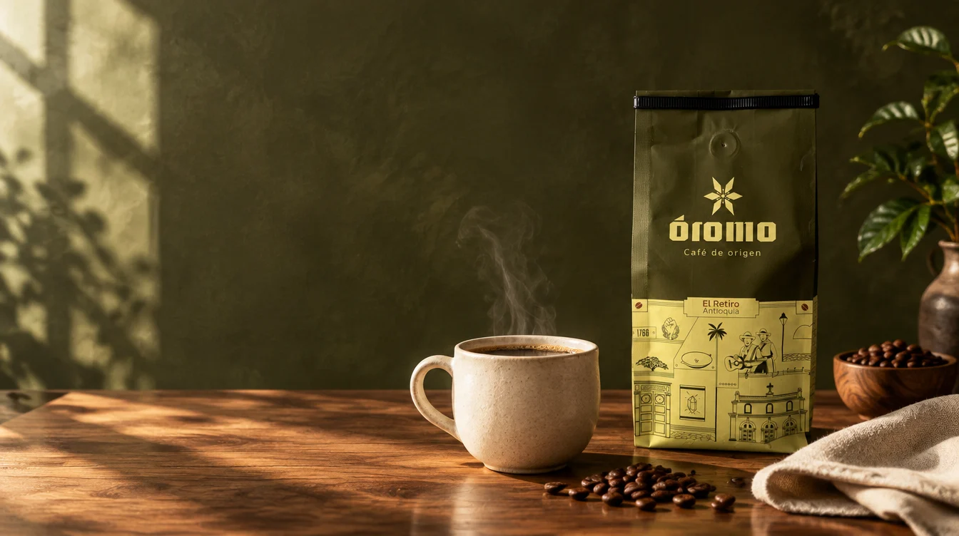 Café ÓROMO junto a una taza de cerámica sobre una mesa de madera
